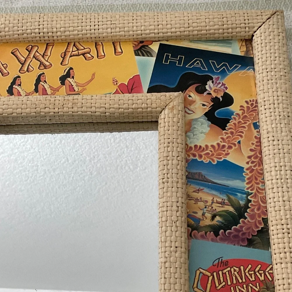 VTG Style Mirror raffia-textured frame Hawaiian Decor Tropical Tiki Bar Boho D